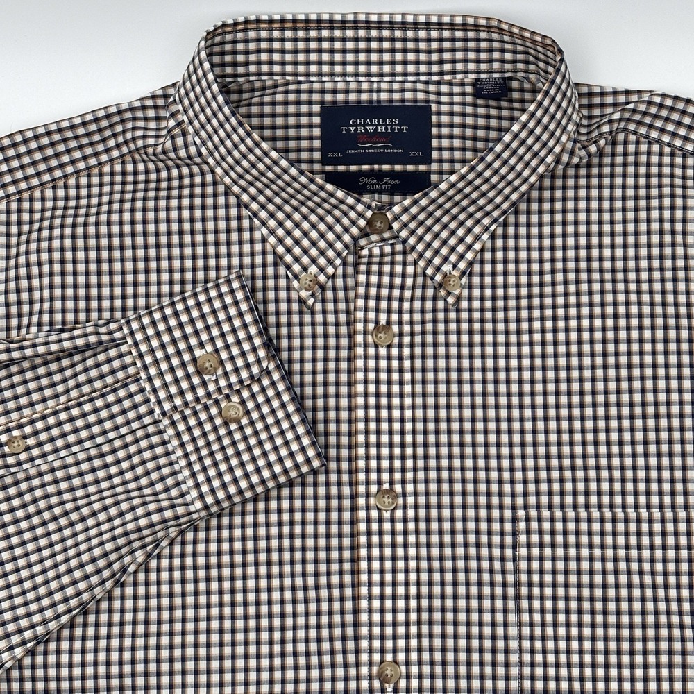 Charles Tyrwhitt Shirt XXL Mens Slim Fit Brown Check Long Sleeve Non Iron Cotton